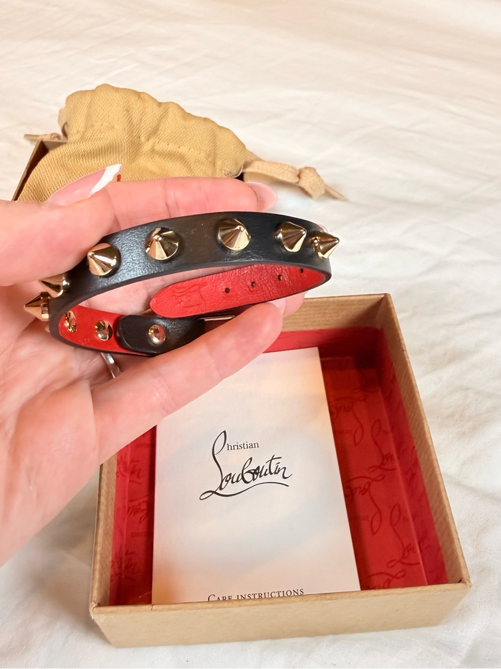 Christian Louboutin Black Leather Spike Bracelet with Red Lining